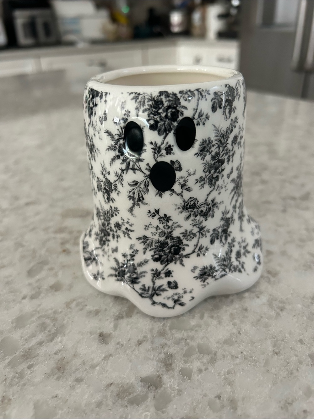 “New” Laura Ashley Ghost- White Ceramic Candle with black floral design 9.2 oz